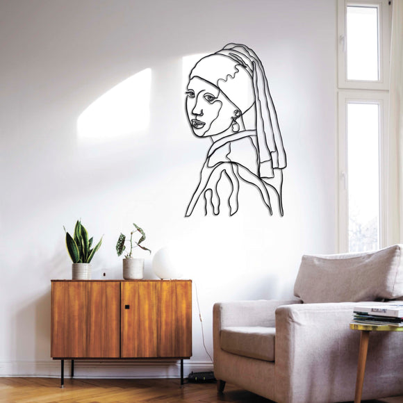Wanddecoratie Hout | Meisje met de Parel - Johannes Vermeer - one line art